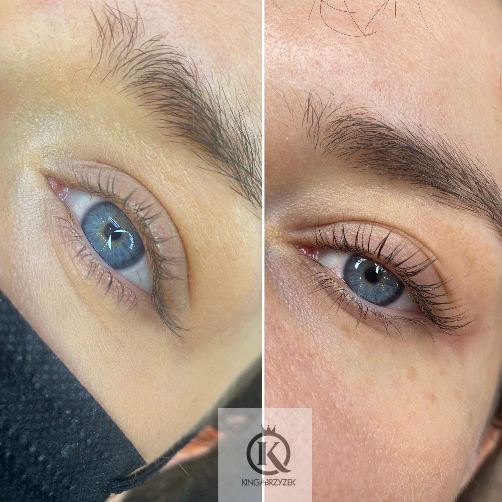 Porównanie oka przed i po zabiegu liftingu rzęs, widoczne wydłużone i podkręcone rzęsy po prawej stronie, na dolnej części kadru widoczne logo firmy.