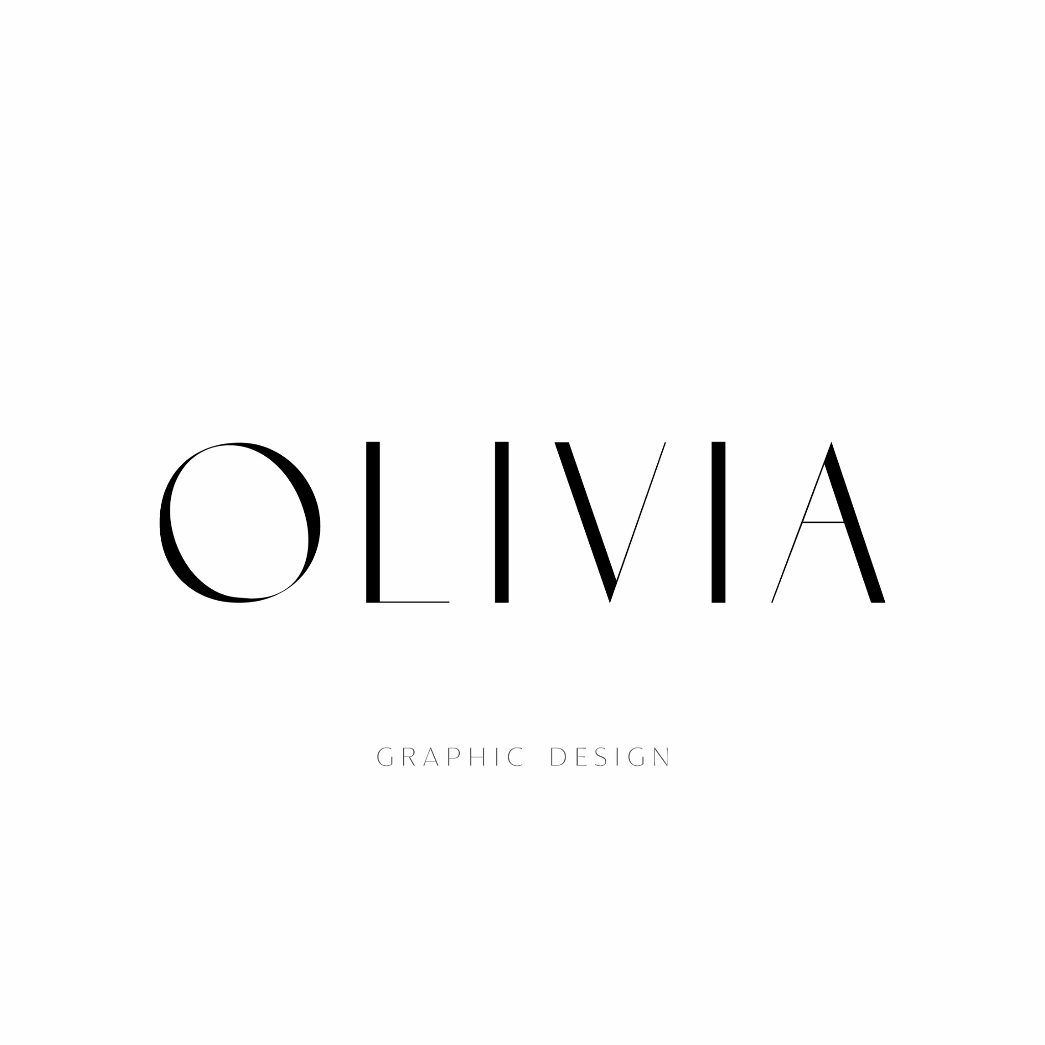Minimalistyczne logo 'Olivia Graphic Design' na białym tle, wykorzystujące cienkie, eleganckie litery w kolorze czarnym.
