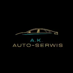 Logo firmy A.K. Auto-Serwis z graficznym przedstawieniem sylwetki samochodu w kolorze złotym i turkusowym na czarnym tle.