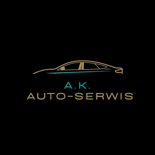 Logo firmy A.K. Auto-Serwis z graficznym przedstawieniem sylwetki samochodu w kolorze złotym i turkusowym na czarnym tle.