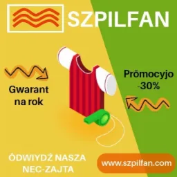 Grafika reklamowa firmy SZPILFAN z koszulką sportową, gwizdkiem, informacją o promocji -30% i gwarancji na rok, z adresem strony internetowej