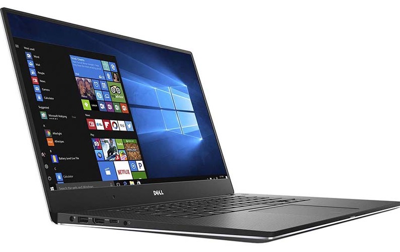Laptop Dell Precision 5520 z systemem Windows 10 Pro, widok z boku, prezentujący otwarty ekran z ikonami aplikacji i domyślną tapetą.