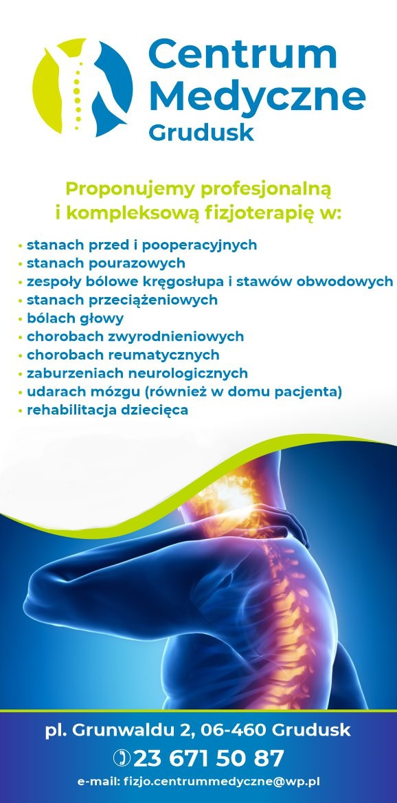 Grafika reklamowa Centrum Medycznego w Grudusku, oferującego profesjonalną i kompleksową fizjoterapię, z wizualizacją kręgosłupa i szyi pacjenta.