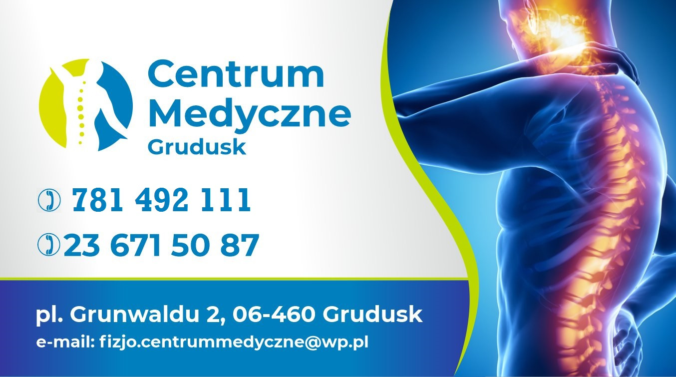 Wizytówka Centrum Medycznego Grudusk z ilustracją rentgenowską kręgosłupa i szyi, akcentująca problemy bólowe. Zawiera logo, dane kontaktowe i adres e-mail.