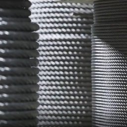 Plasthoff Sp. z o.o. - Szpule z nawiniętym sznurkiem lub liną w magazynie w Bielanach-Jarosławach, oświetlone z góry, tworzące wzór cieni.