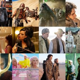 M2 Graphics Mantużyk Marek - Mozaika z kadrów filmowych: Jason Statham w sklepie z miodem, brodaty mężczyzna z motocyklem na pustyni, Godzilla i Kong, Timothée Chalamet i Zendaya, aktorzy w scenach romantycznych i muzycznych...