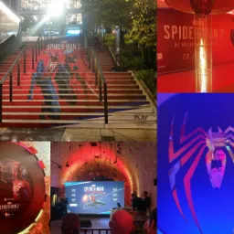 Kolaż zdjęć z promocji gry Spider-Man 2, obejmujący schody z motywem gry, ścianę z plakatem, okrągłą reklamę i prezentację na ekranie.