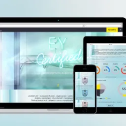 Prezentacja strony internetowej EY Certified na laptopie, tablecie i smartfonie, ukazująca raport z analizy kompetencji z elementami graficznymi, wykresami i tekstem.