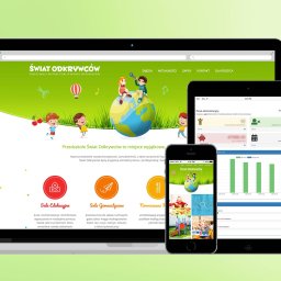 M2 Graphics Mantużyk Marek - Responsywny układ strony internetowej przedszkola na laptopie, tablecie i smartfonie, prezentujący stronę główną z ilustracjami dzieci i logo przedszkola Świat Odkrywców.
