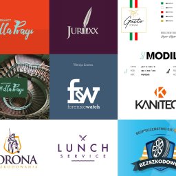 M2 Graphics Mantużyk Marek - Kompilacja logo różnych firm, zawierająca projekty z różną typografią, kolorystyką i symboliką, w tym logo z motywem pióra, schodów, tarczy z mieczem, oraz logo związane z branżą gastronomiczną...