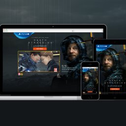 M2 Graphics Mantużyk Marek - Responsywny projekt strony internetowej gry Death Stranding wyświetlany na laptopie, tablecie i smartfonie.