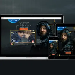 Responsywny projekt strony internetowej gry Death Stranding wyświetlany na laptopie, tablecie i smartfonie.