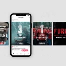 Mockup smartfona prezentujący post z Instagrama promujący film 'Furioza', z odliczaniem dni do premiery i możliwością zakupu biletu.