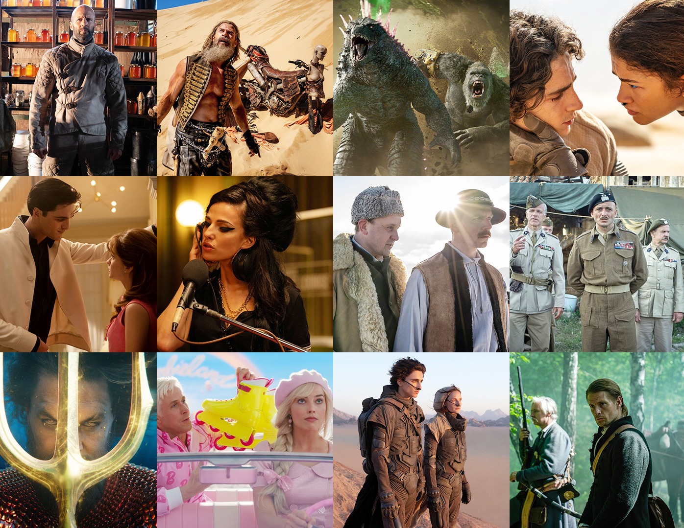 Mozaika z kadrów filmowych: Jason Statham w sklepie z miodem, brodaty mężczyzna z motocyklem na pustyni, Godzilla i Kong, Timothée Chalamet i Zendaya, aktorzy w scenach romantycznych i muzycznych...