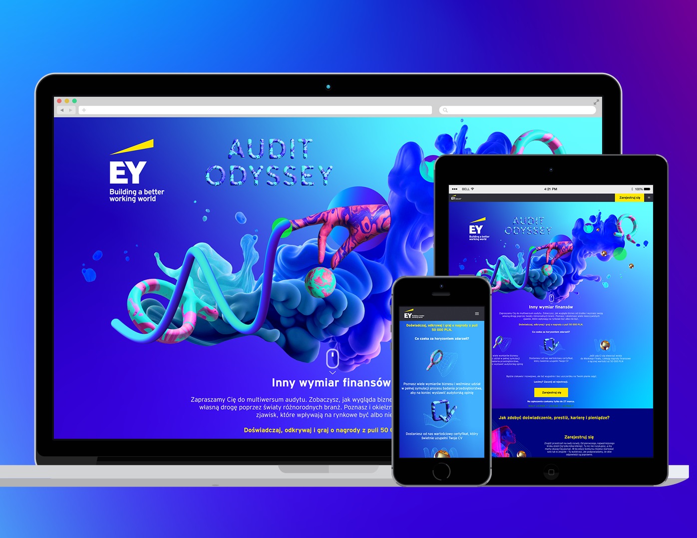 Responsywny design strony internetowej firmy EY, wyświetlany na laptopie, tablecie i smartfonie, z abstrakcyjną grafiką w odcieniach niebieskiego i fioletu oraz hasłem 'Audit Odyssey'.