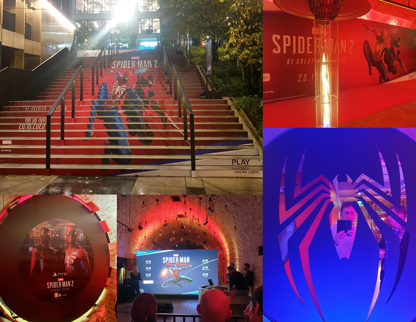 Kolaż zdjęć z promocji gry Spider-Man 2, obejmujący schody z motywem gry, ścianę z plakatem, okrągłą reklamę i prezentację na ekranie.