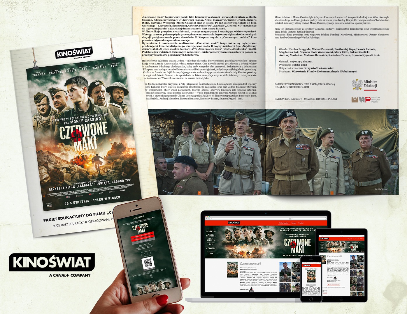 Materiały promocyjne filmu 'Czerwone Maki': plakat kinowy, strona internetowa na laptopie, tablecie i smartfonie, ukazujące aktorów i sceny z filmu wojennego o bitwie pod Monte Cassino.