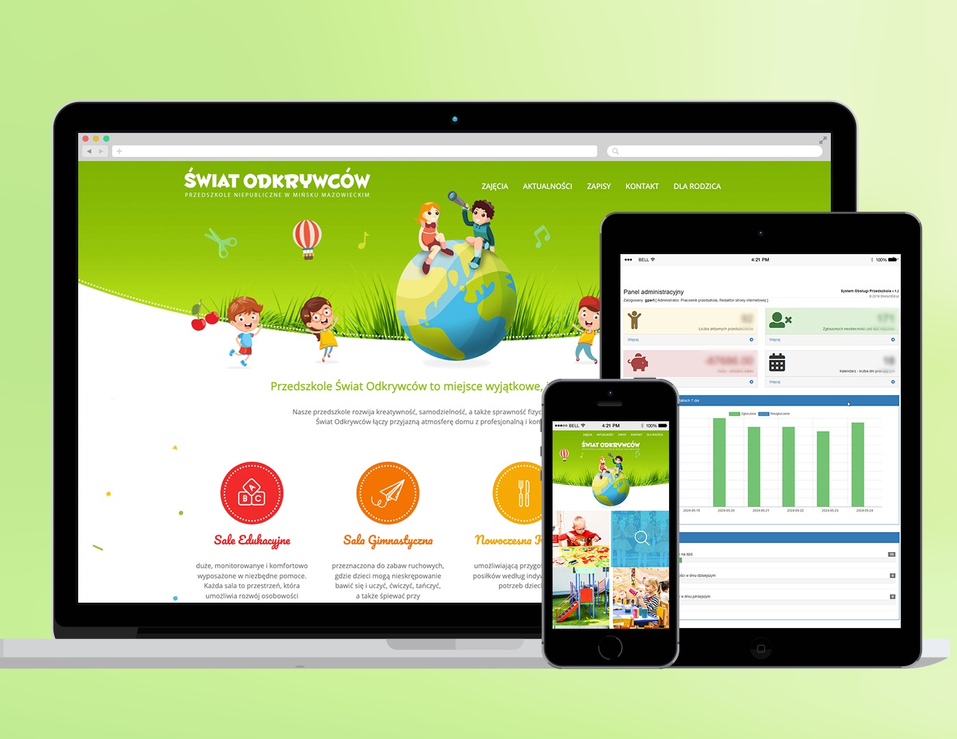 Responsywny układ strony internetowej przedszkola na laptopie, tablecie i smartfonie, prezentujący stronę główną z ilustracjami dzieci i logo przedszkola Świat Odkrywców.