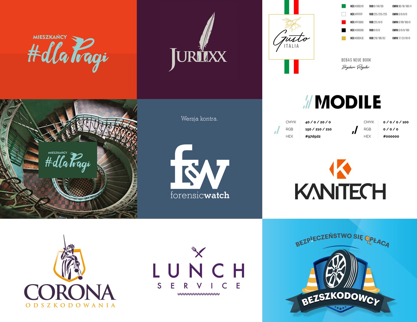 Kompilacja logo różnych firm, zawierająca projekty z różną typografią, kolorystyką i symboliką, w tym logo z motywem pióra, schodów, tarczy z mieczem, oraz logo związane z branżą gastronomiczną...