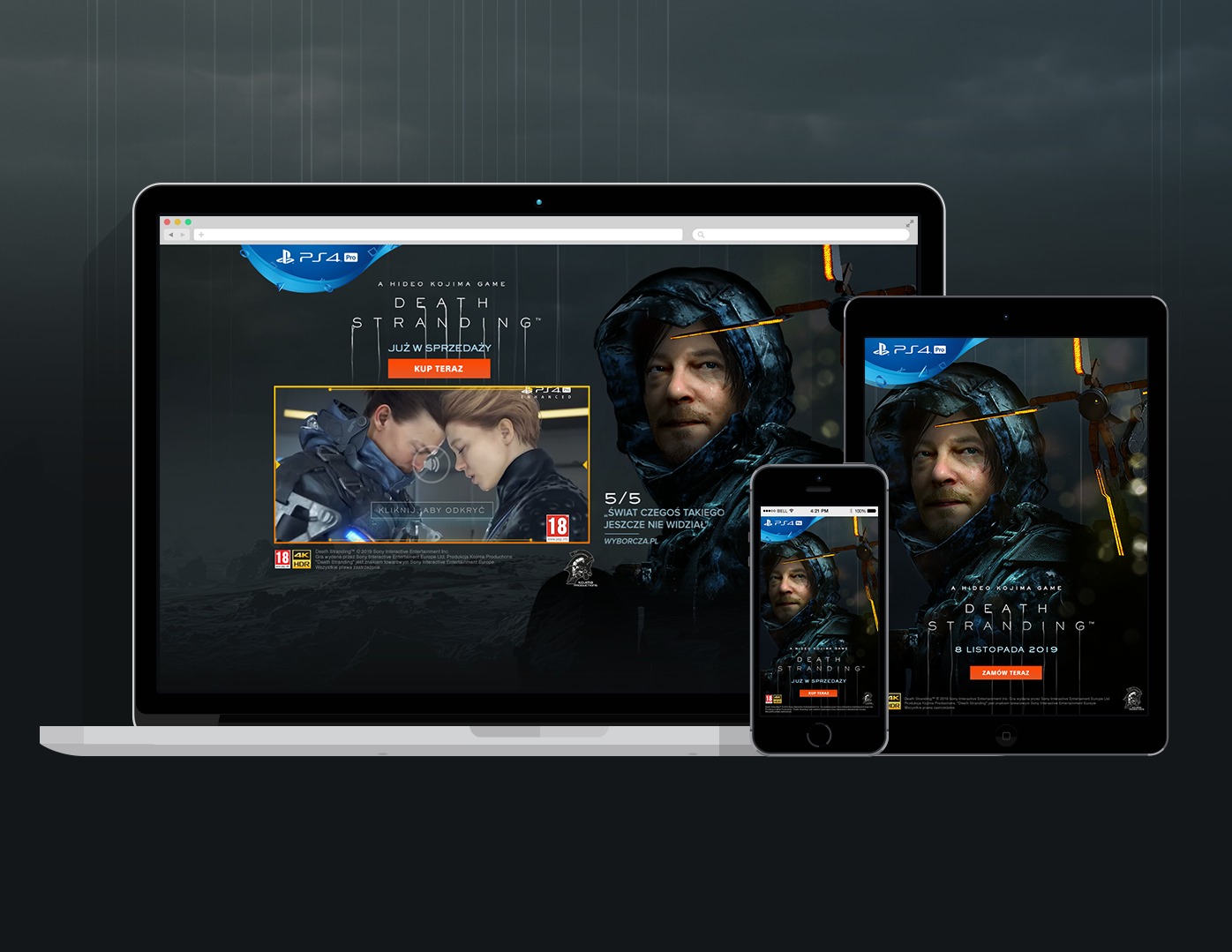 Responsywny projekt strony internetowej gry Death Stranding wyświetlany na laptopie, tablecie i smartfonie.
