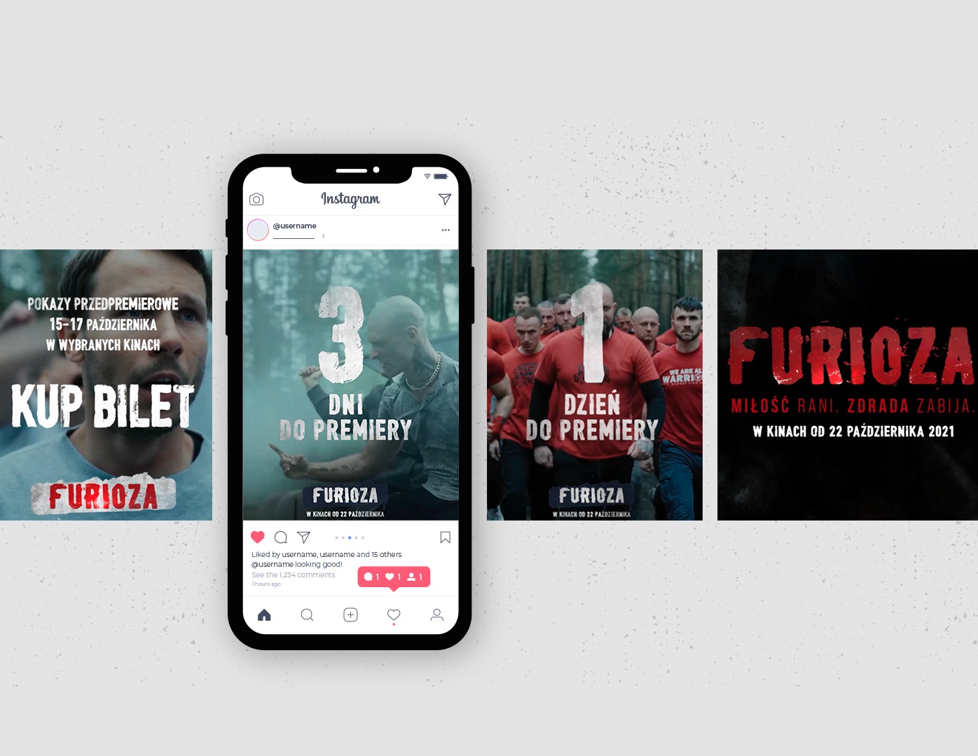 Mockup smartfona prezentujący post z Instagrama promujący film 'Furioza', z odliczaniem dni do premiery i możliwością zakupu biletu.