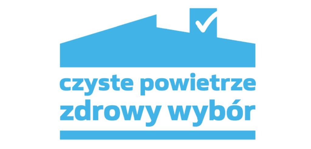 Niebieskie logo z sylwetką domu i napisem 'czyste powietrze zdrowy wybór' na białym tle.