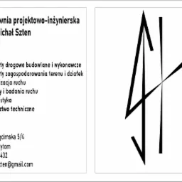 Wizytówka pracowni projektowo-inżynierskiej SHX Michał Szten z adresem, numerem telefonu, adresem email oraz listą hashtagów obejmujących projekty drogowe, budowlane, zagospodarowanie terenu...