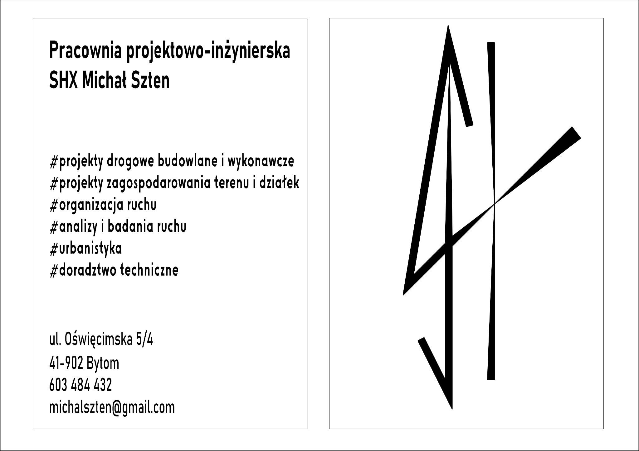 Wizytówka pracowni projektowo-inżynierskiej SHX Michał Szten z adresem, numerem telefonu, adresem email oraz listą hashtagów obejmujących projekty drogowe, budowlane, zagospodarowanie terenu...
