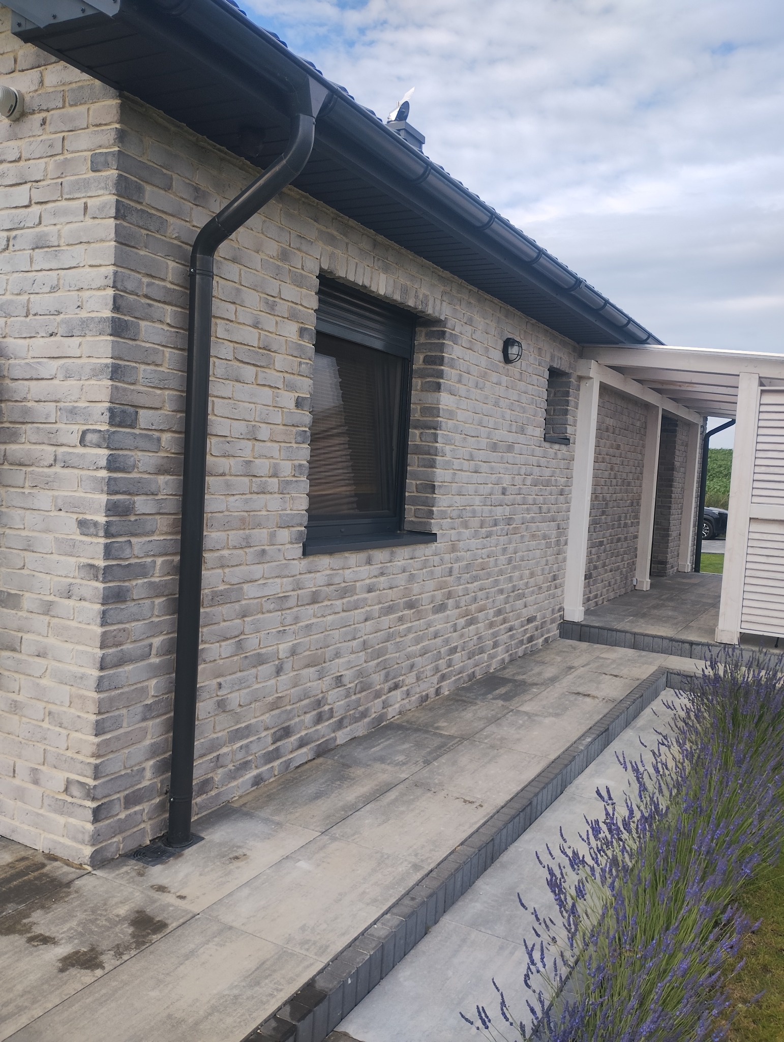 Elewacja domu z szarej cegły klinkierowej, z czarną rynną i oknami. Widoczny fragment chodnika z kostki i rabata z lawendą. Nowoczesne wykończenie.