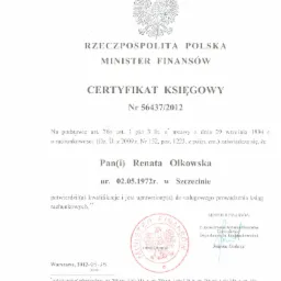 Skan Certyfikatu Księgowego wydanego przez Ministra Finansów RP dla Renaty Olkowskiej, z pieczęcią i podpisem Dyrektora Departamentu Rachunkowości.