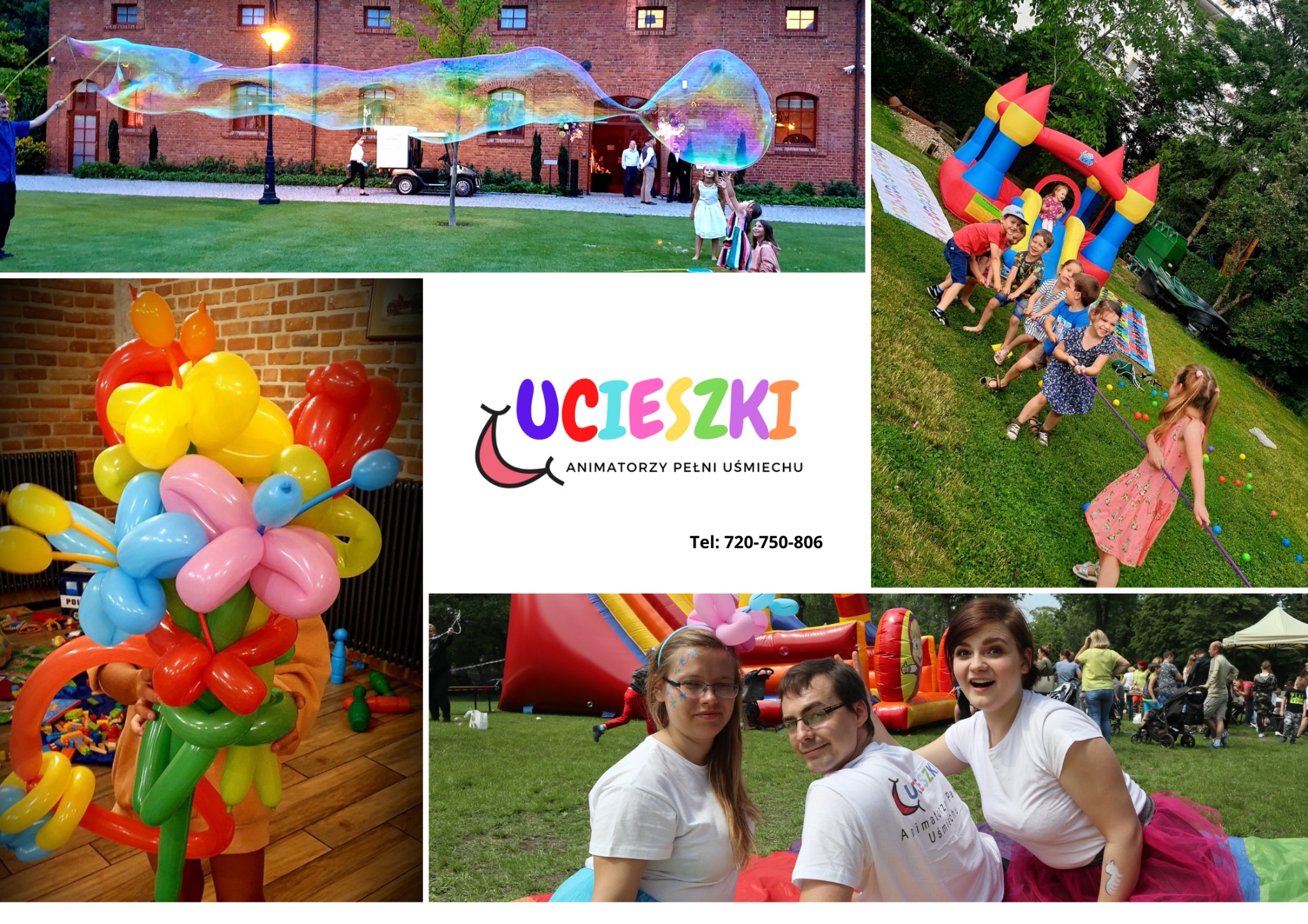 Kompozycja zdjęć z imprez dla dzieci: tworzenie gigantycznych baniek mydlanych, skakanie na dmuchańcu, modelowanie balonów, logo firmy animacyjnej.