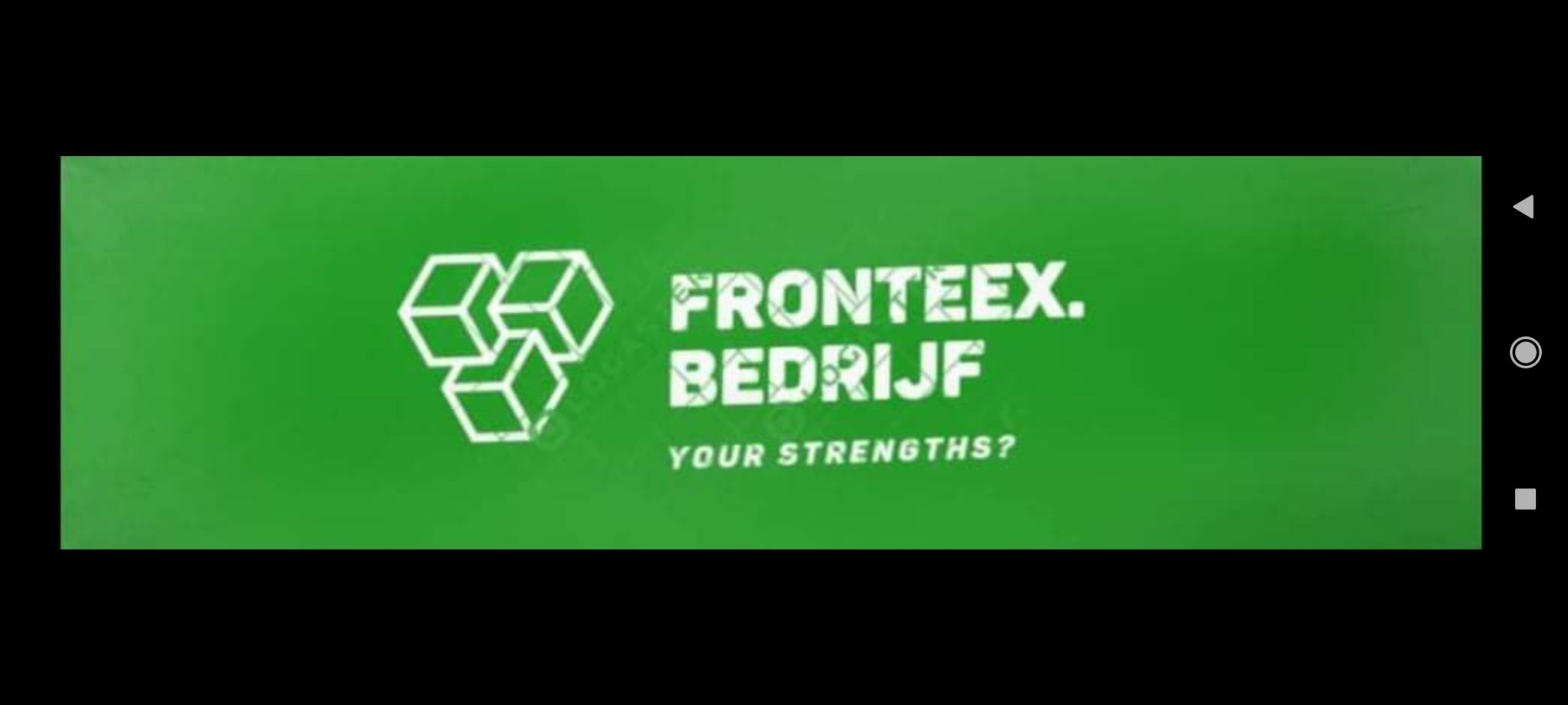 Zielone tło z białym logo firmy Fronteex Bedrijf i hasłem 'Your Strengths?'
