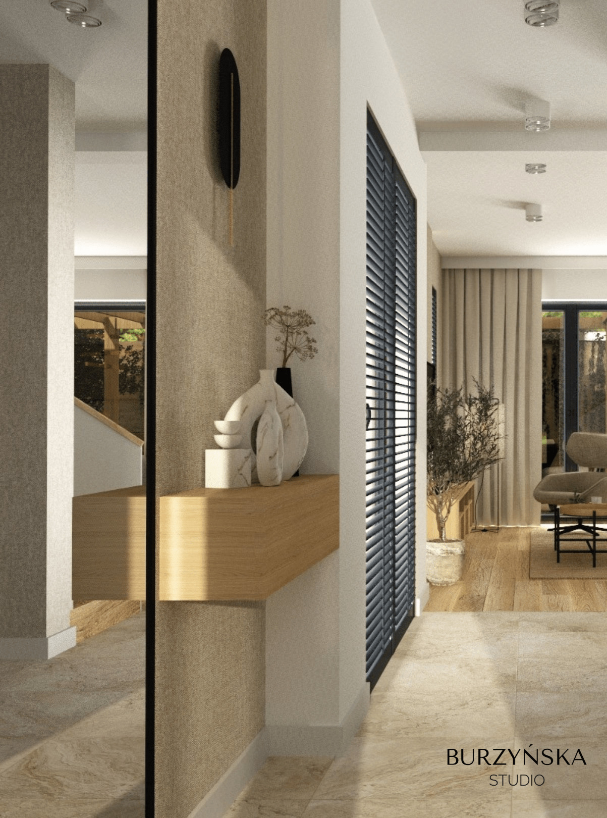 Wizualizacja przedpokoju z lustrem, drewnianą konsolą, dekoracyjnymi wazonami i czarnym zegarem na teksturowanej ścianie, widok na salon przez okno z żaluzjami.