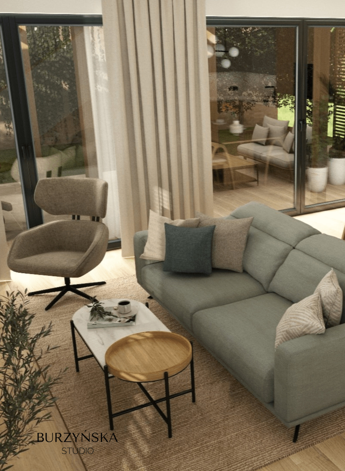 Wizualizacja salonu z szarą sofą, obrotowym fotelem i stolikami kawowymi na tle przeszklenia z widokiem na ogród.