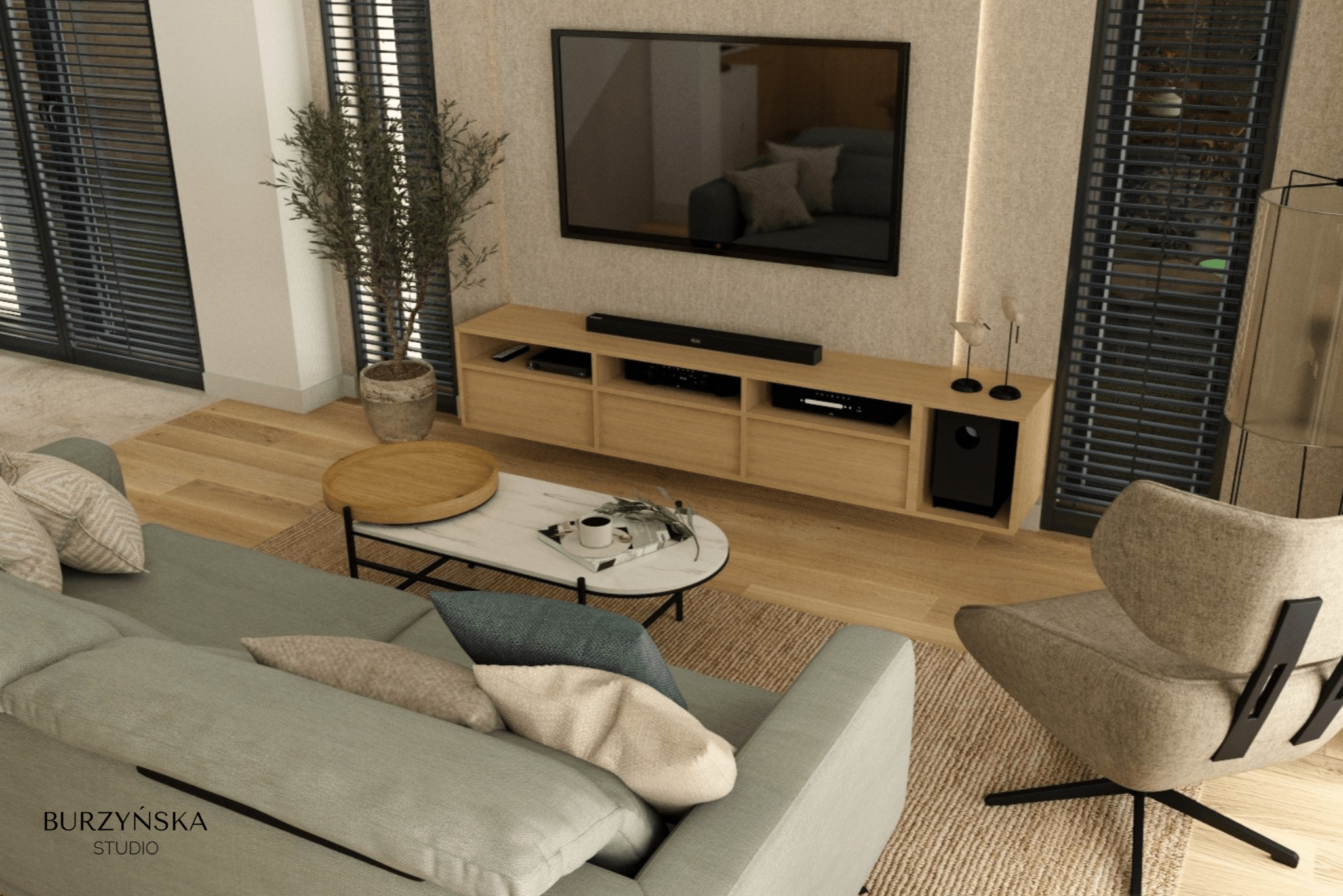 Wizualizacja salonu z szarą sofą, drewnianym stolikiem kawowym, szafką RTV z telewizorem, rośliną w doniczce i krzesłem obrotowym w odcieniach beżu, oświetlonego naturalnym światłem wpadającym...