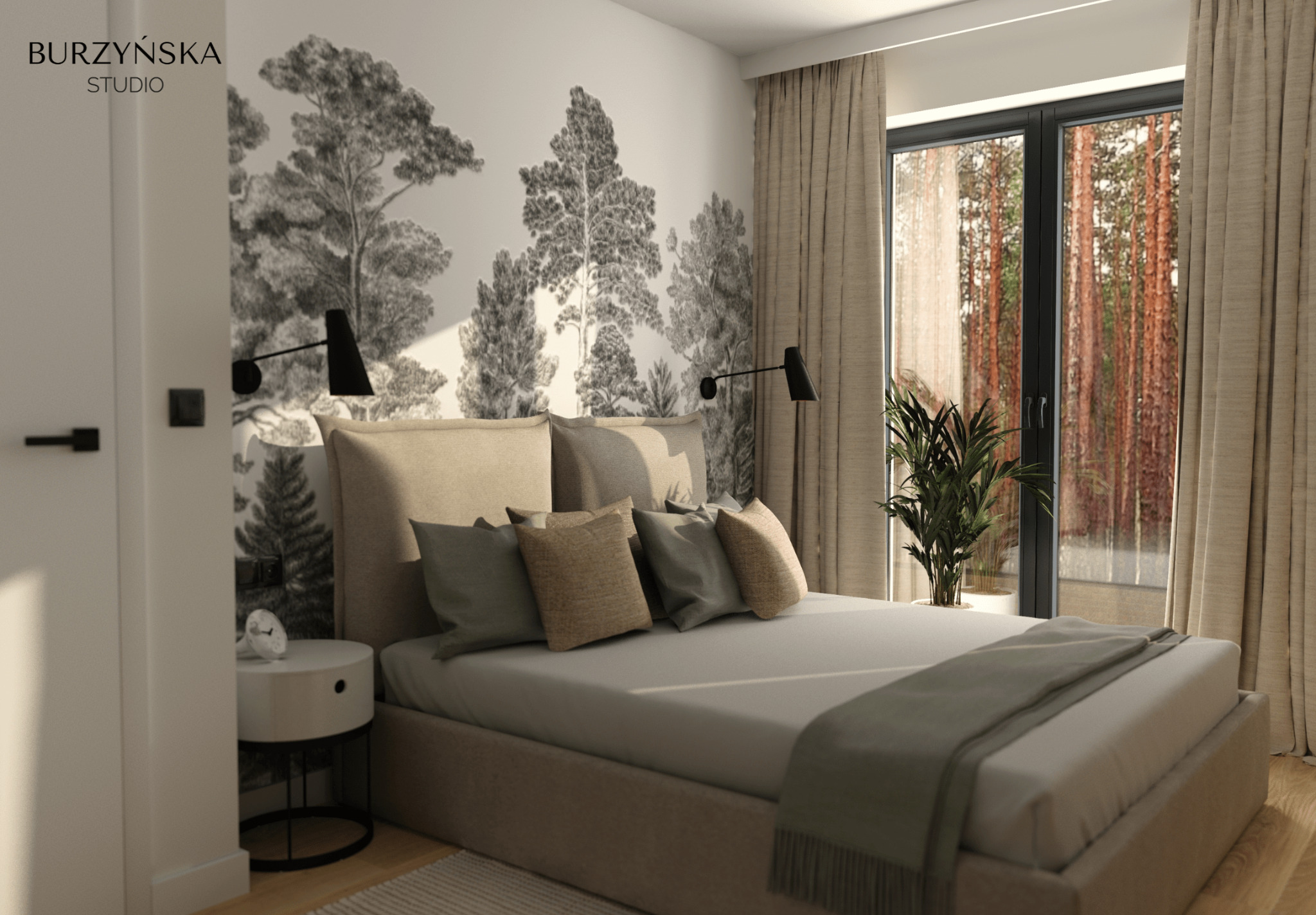 Neutralna sypialnia z łóżkiem typu king-size z beżowym zagłówkiem i poduszkami w odcieniach szarości i beżu, lampkami nocnymi na ścianie i tapetą z motywem leśnym w odcieniach szarości, widok...