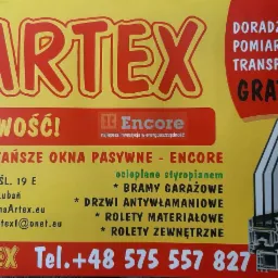 Żółta reklama firmy Artex oferującej najtańsze okna pasywne Encore, bramy garażowe, drzwi antywłamaniowe, rolety materiałowe i zewnętrzne, z bezpłatnym doradztwem, pomiarami i transportem.