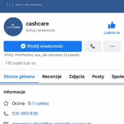 Zrzut ekranu profilu firmy Cashcare z Torunia na Facebooku, oferującej usługi prawnicze związane z odzyskiwaniem pieniędzy z zawyżonych kredytów gotówkowych, z oceną 5 gwiazdek i możliwością...