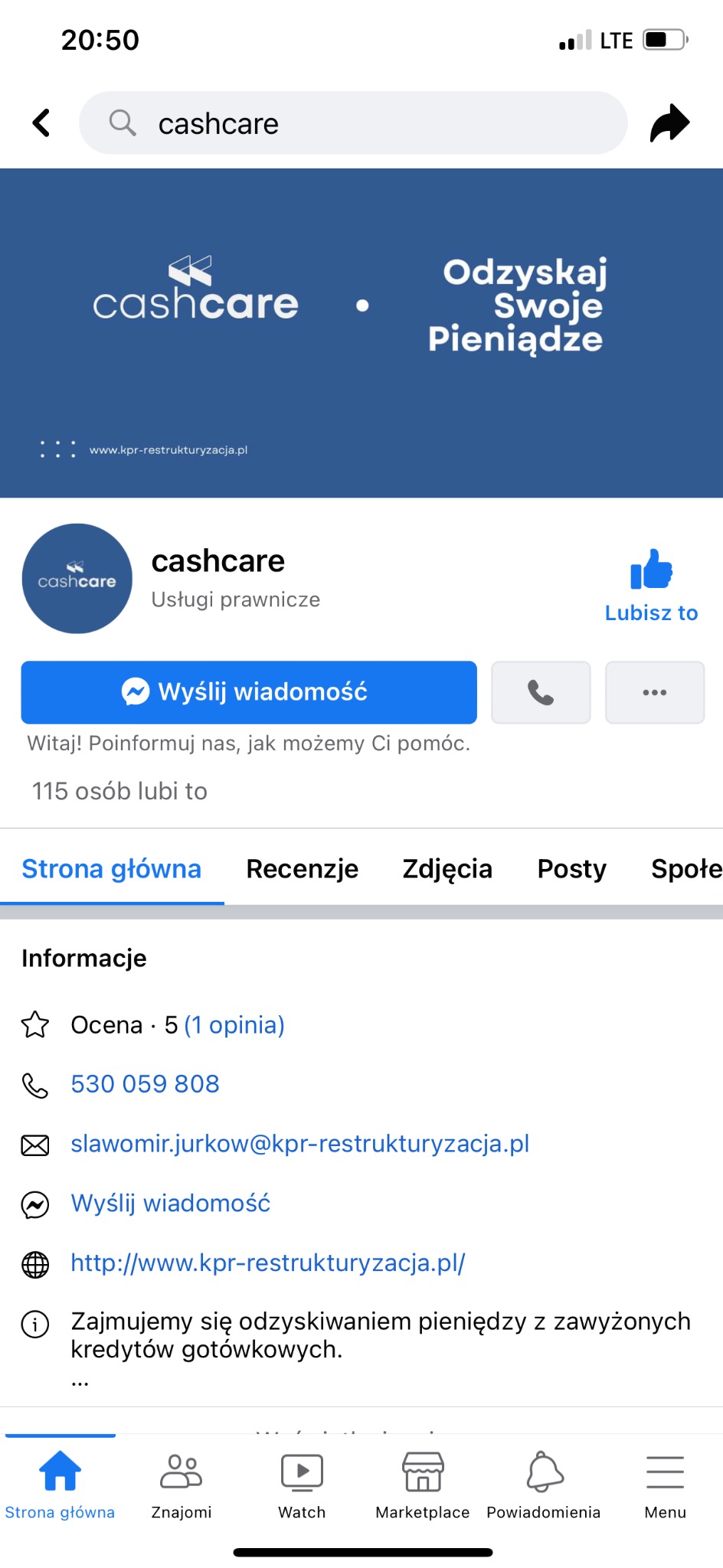 Zrzut ekranu profilu firmy Cashcare z Torunia na Facebooku, oferującej usługi prawnicze związane z odzyskiwaniem pieniędzy z zawyżonych kredytów gotówkowych, z oceną 5 gwiazdek i możliwością...