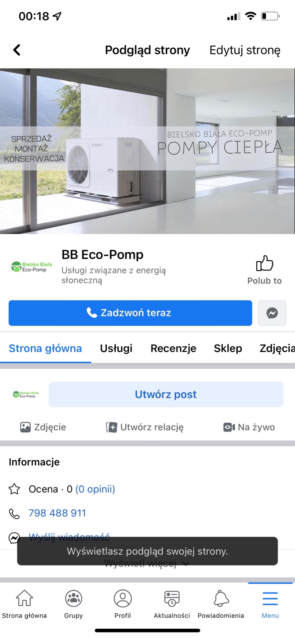 Zrzut ekranu strony internetowej prezentującej pompę ciepła marki Kaisai w Bielsku-Białej, z widocznymi informacjami o sprzedaży, montażu i konserwacji oraz przyciskiem 'Zadzwoń teraz'.