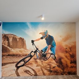 TOM LUX HOME TOMASZ HETNAR - Fototapeta na ścianie przedstawia rowerzystę górskiego w akcji na tle pustynnego krajobrazu. Podłoga wyłożona panelami imitującymi drewno. Oświetlenie sufitowe.