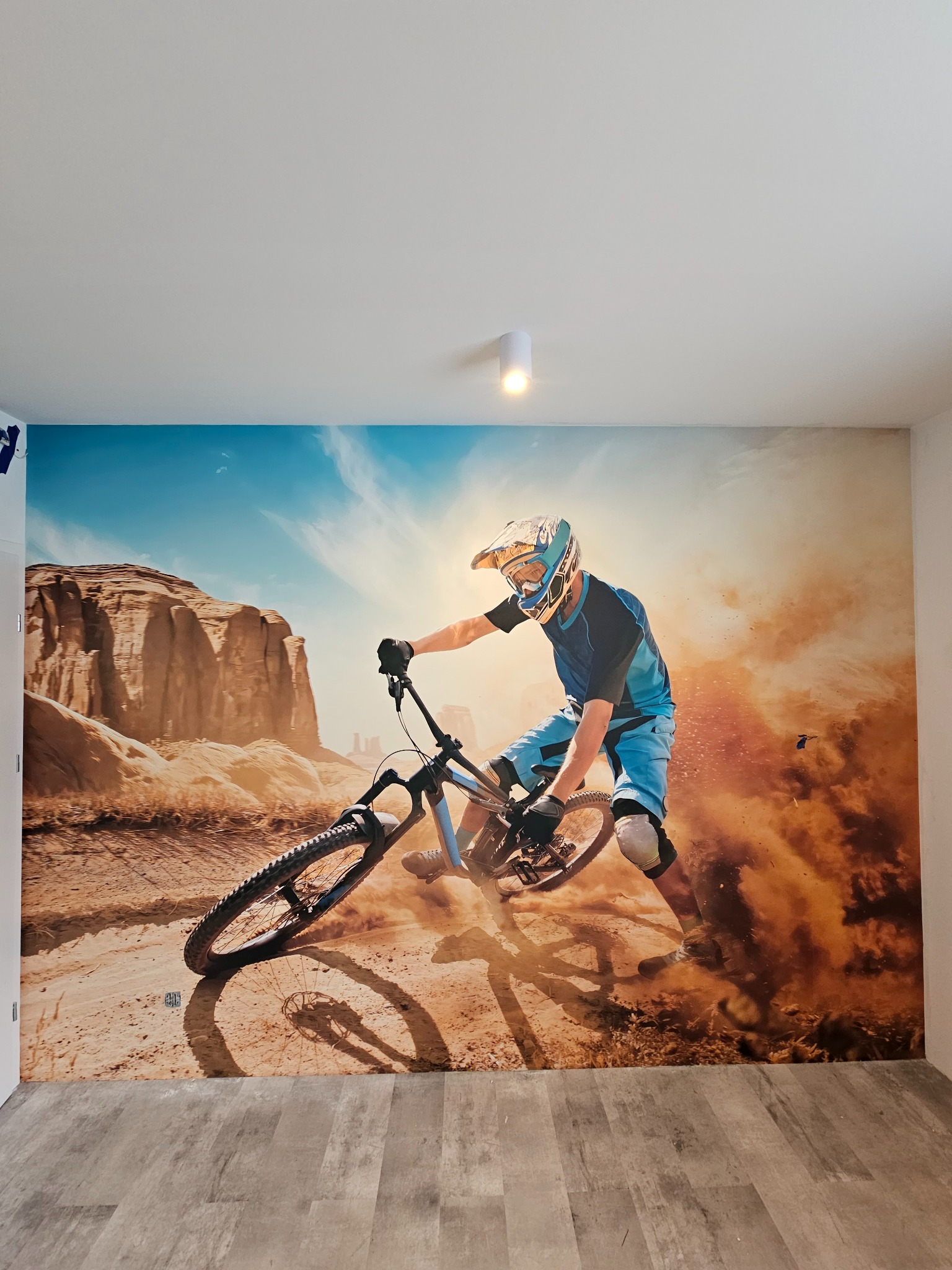 Fototapeta na ścianie przedstawia rowerzystę górskiego w akcji na tle pustynnego krajobrazu. Podłoga wyłożona panelami imitującymi drewno. Oświetlenie sufitowe.