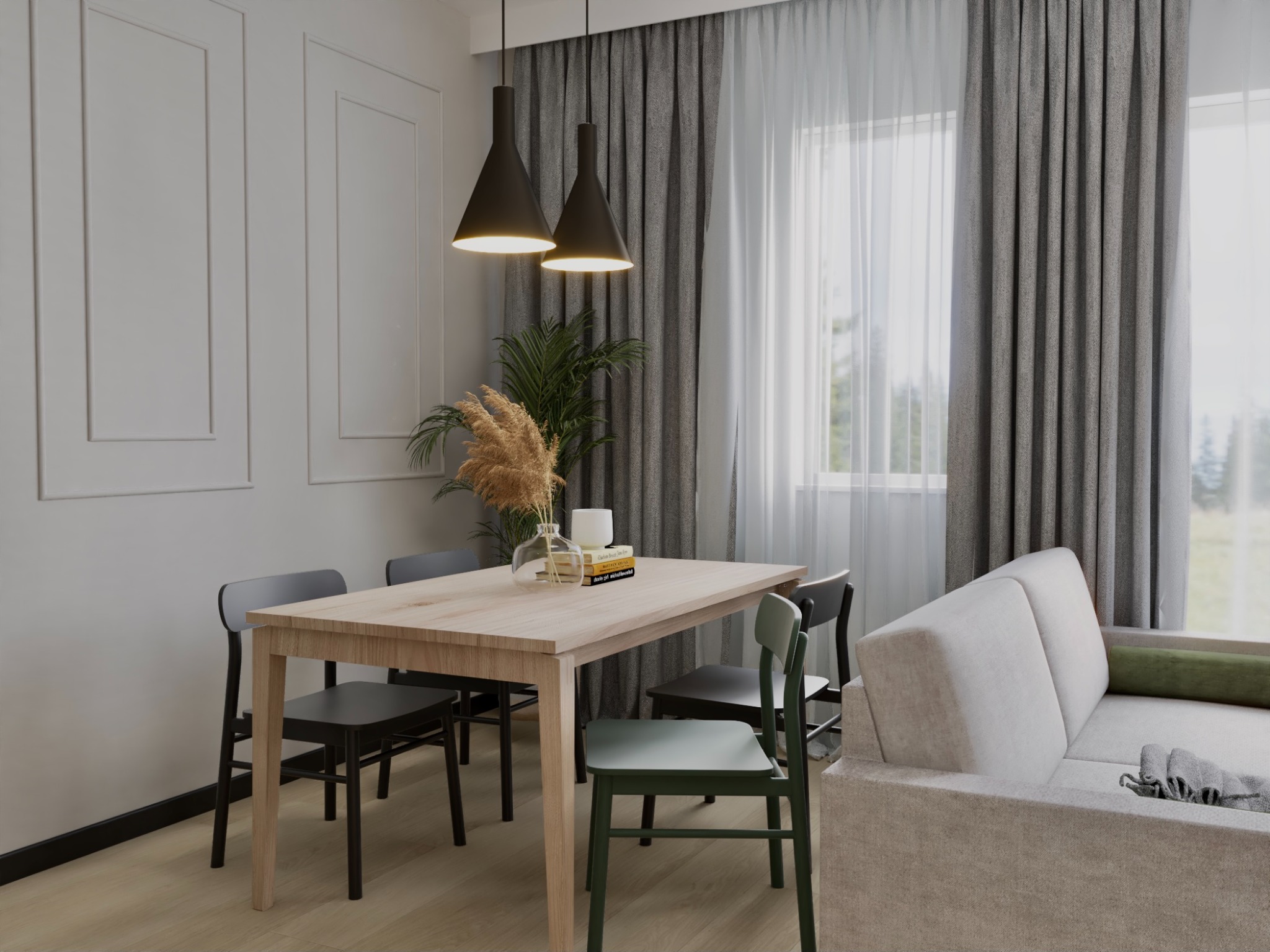 Jasne wnętrze jadalni z drewnianym stołem, czterema krzesłami w kolorach szarym i zielonym, dwoma wiszącymi lampami stożkowymi, dekoracyjnym bukietem w wazonie i rośliną doniczkową w tle, przy...