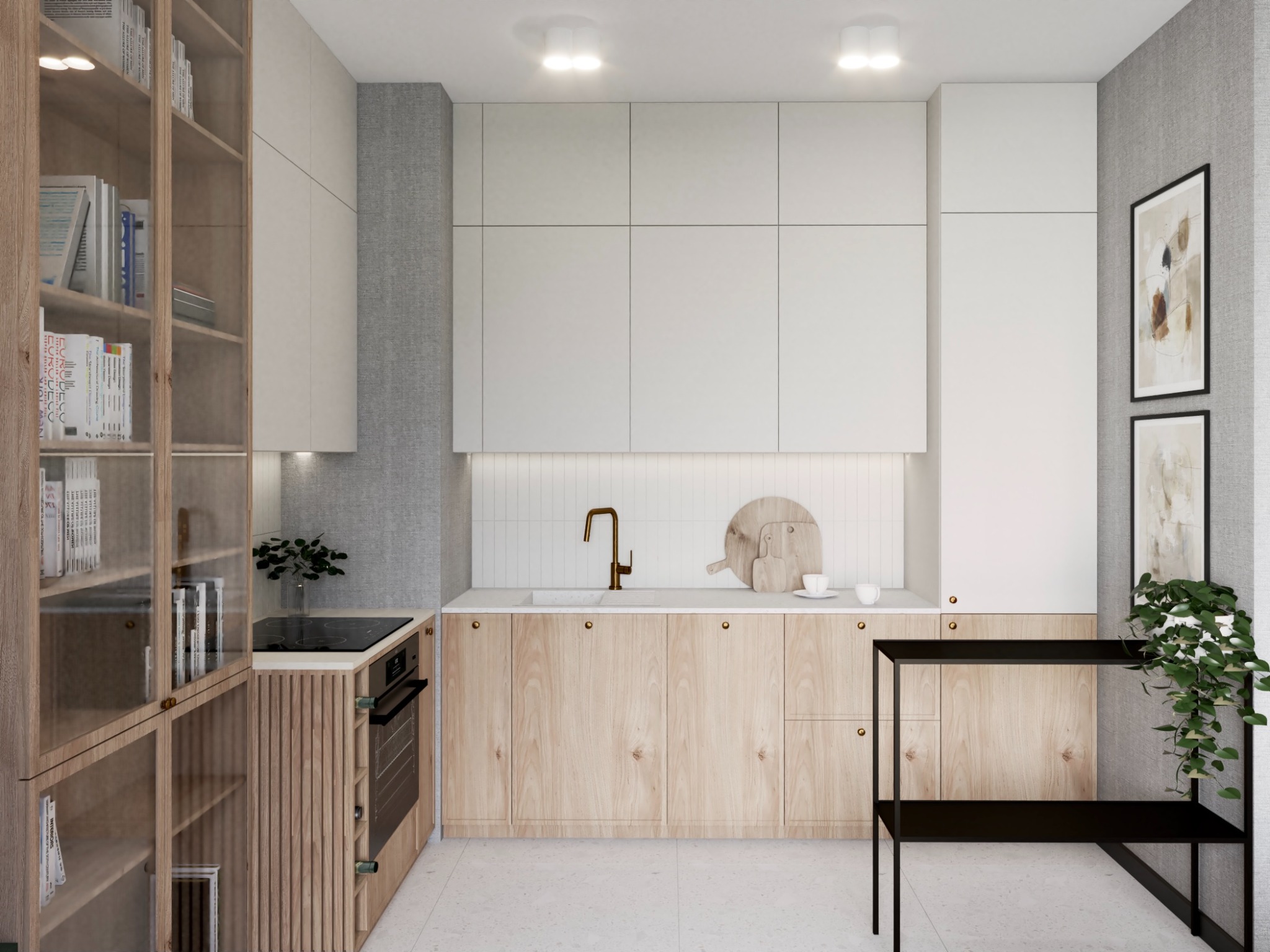 Jasna kuchnia z drewnianymi frontami szafek, złotą armaturą i przeszklonym regałem na książki, uzupełniona o minimalistyczne dekoracje i rośliny doniczkowe.