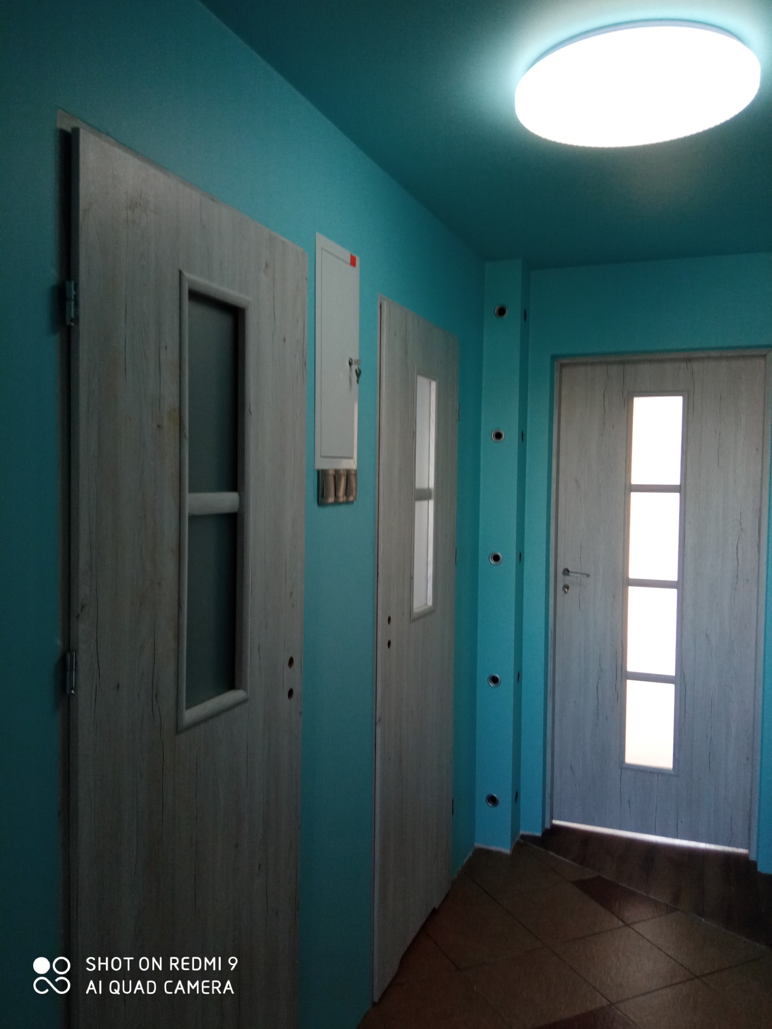 Korytarz w turkusowym kolorze z trzema drewnopodobnymi drzwiami z przeszkleniami, widoczna skrzynka elektryczna na ścianie i brązowa podłoga z płytek.