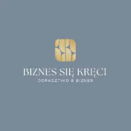 Eleganckie logo firmy doradczej 'Biznes się kręci' w odcieniach złota i szarości. Minimalistyczny design z abstrakcyjnym symbolem i czytelnym hasłem.