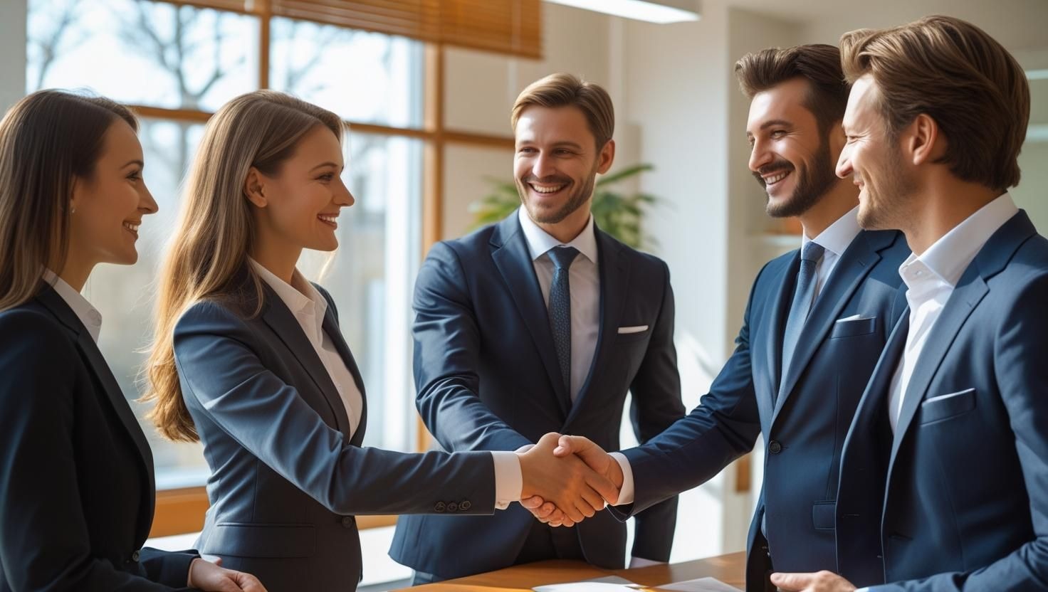 Uśmiechnięci biznesmeni i bizneswomen w garniturach ściskają sobie dłonie na tle jasnego biura z oknami i roślinami. Zawarcie umowy.