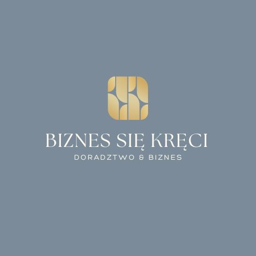 Eleganckie logo firmy doradczej 'Biznes się kręci' w odcieniach złota i szarości. Minimalistyczny design z abstrakcyjnym symbolem i czytelnym hasłem.