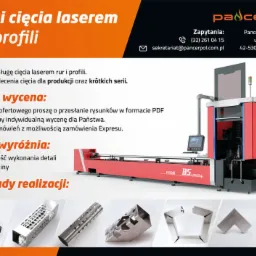Ilustracja przedstawia ofertę usług cięcia laserem rur i profili firmy Pancerpol, z wizualizacją nowoczesnej maszyny laserowej oraz przykładami precyzyjnie wyciętych elementów ze stali nierdzewnej...