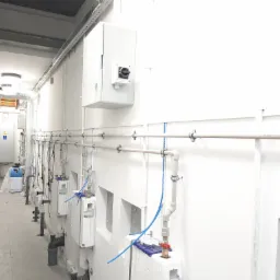 Wnętrze techniczne z licznymi, białymi licznikami i rurami, widoczne także zabezpieczenia i skrzynki elektryczne, oświetlenie sufitowe